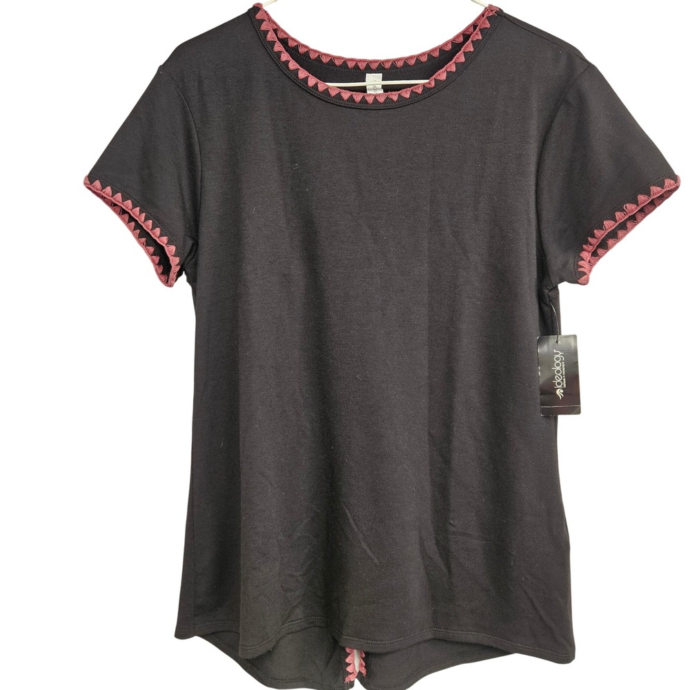 Ideology Womens Black Short Sleeve Embroidered Trim Split Back Active Top Size M